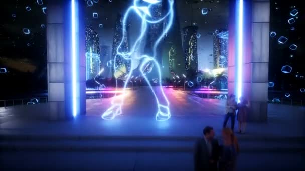 3D人とロボットで未来的な夜の都市 未来のコンセプト 現実的な4Kアニメーション — ストック動画