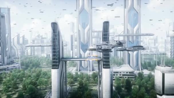 Sci Fartyg Futuristiska Staden Flygfoto Realistisk Animation — Stockvideo