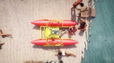 Fütüristik plajda 3 boyutlu insanlar ve robotlar. Gelecek konsepti. Gerçekçi 4k animasyonu