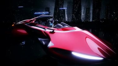Fütürist gece şehrinde kadın robotla bilim kurgu uçan araba. 3d oluşturma