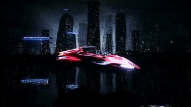 Fütürist gece şehrinde kadın robotla bilim kurgu uçan araba. 3d oluşturma
