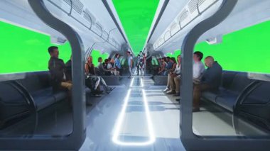 Üç boyutlu insanlar ve robotlar. Uçan yolcu treni. Ütopya. Gelecek konsepti. Yeşil ekran. Gerçekçi 4k animasyonu