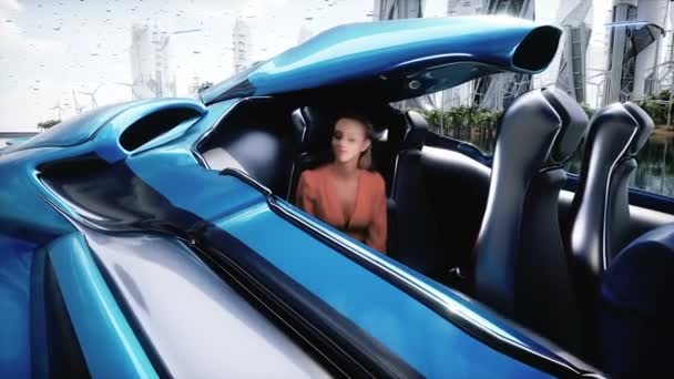 Umieszczanie Samochodu Futurystycznym Mieście Ludźmi Realistyczna Animacja — Wideo stockowe