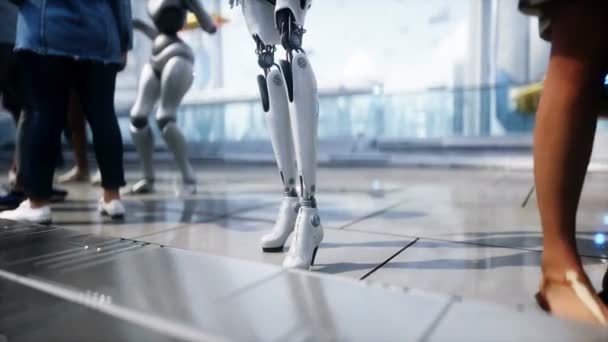 Ciudad Futurista Personas Robots Concepto Futuro Animación Realista — Vídeos de Stock