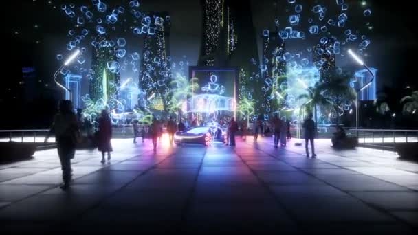 Futurista Cidade Noturna Com Povos Robôs Conceito Futuro Animação Realista — Vídeo de Stock