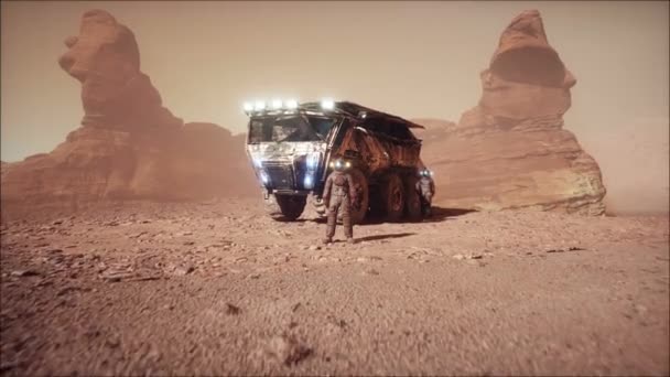 Mars Astronot Planet Mars Rover Transportasi Animasi Realistis — Stok Video