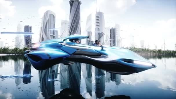 Fying Car Futuristic City People Future Concept Realistic Animation — Stock Video