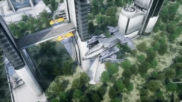 Scifi Schiff Futuristischer Stadt Luftaufnahme Realistische Animation — Stockvideo