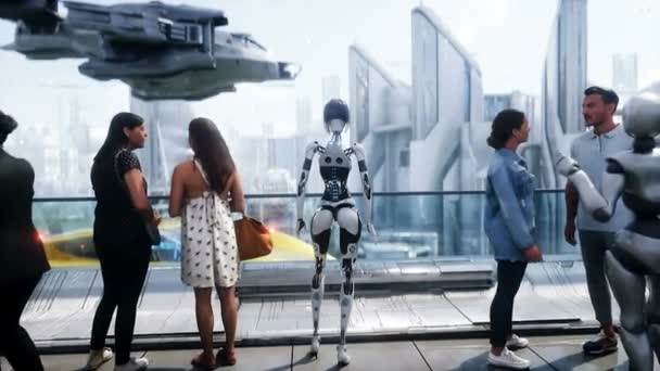 Futurisztikus Város Emberek Robotok Jövőbeli Koncepció Realisztikus Animáció — Stock videók