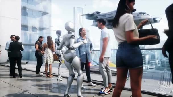 Cidade Futurista Pessoas Robôs Conceito Futuro Animação Realista — Vídeo de Stock