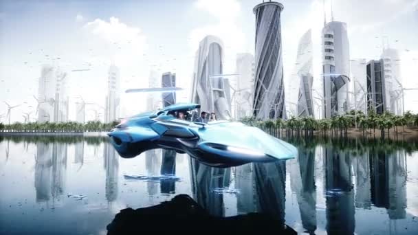 Автомобиль Будущего Футуристическом Городе Людьми Реалистичная Анимация — стоковое видео