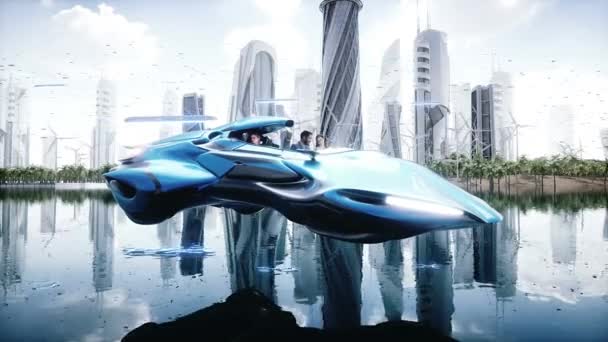 Umieszczanie Samochodu Futurystycznym Mieście Ludźmi Realistyczna Animacja — Wideo stockowe