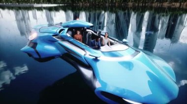 Fütüristik şehirde gelecek konsepti olan bir araba. Gerçekçi 4k animasyonu