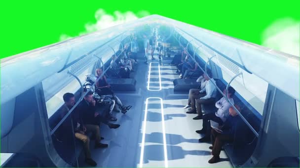 Menschen Und Roboter Fliegender Personenzug Utopie Konzept Der Zukunft Green — Stockvideo