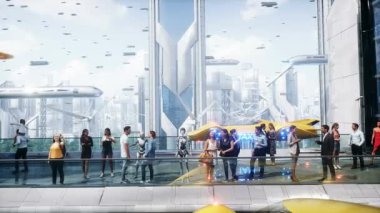Gelecekçi şehir. Üç boyutlu insanlar ve robotlar. Gelecek konsepti. Gerçekçi 4k animasyonu