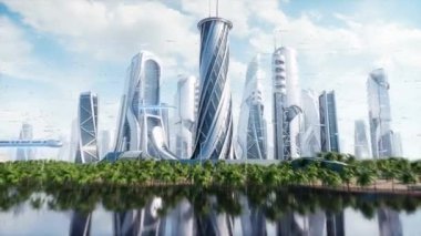 Gelecekçi şehir günü. Bilim kurgu mimarisi ve binalar. Gelecek konsepti. Gerçekçi 4k animasyonu