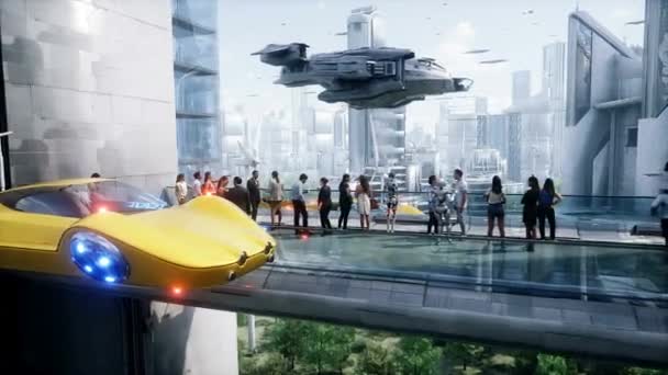 Futuristische Stad Mensen Robots Toekomstconcept Realistische Animatie — Stockvideo