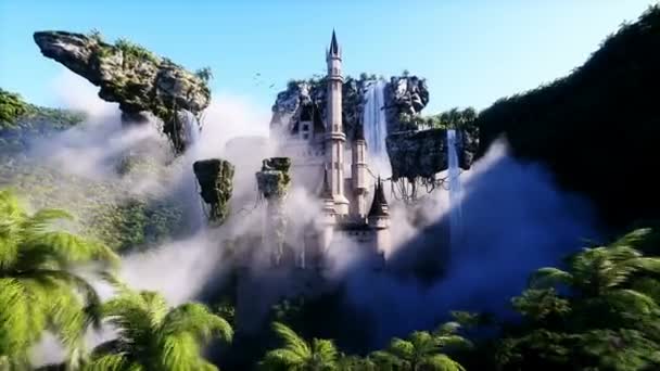 城と幻想的なおとぎ話の飛行岩 現実的な4Kアニメーション — ストック動画