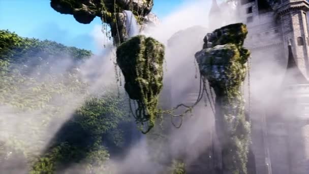 Fantasía Cuento Hadas Volando Rocas Con Castillo Animación Realista — Vídeos de Stock