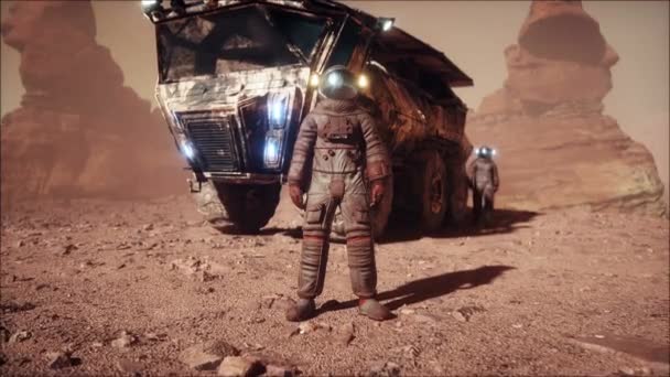 Marciano Astronautas Planeta Marte Transporte Rover Animación Realista — Vídeo de stock