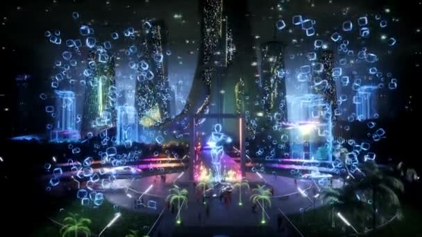 Futurystyczne Nocne Miasto Ludzi Robotów Koncepcja Przyszłości Realistyczna Animacja — Wideo stockowe