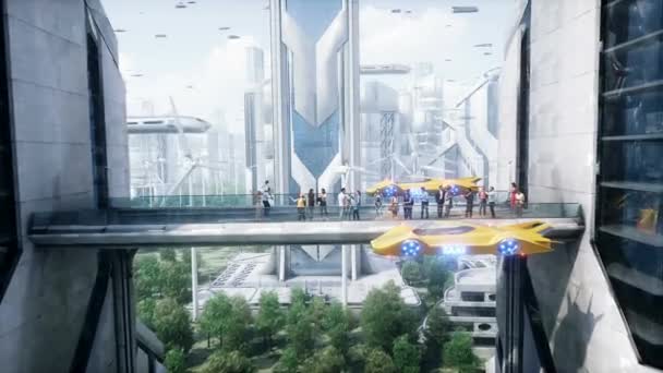Futuristické Město Lidé Roboti Budoucí Koncept Realistická Animace — Stock video