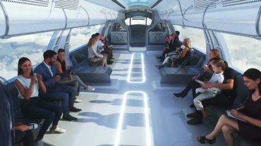 Üç boyutlu insanlar ve robotlar. Bulutlarda uçan yolcu treni. Ütopya. Gelecek konsepti. Havadan harika bir manzara. Gerçekçi 4k animasyonu