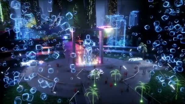 Futuristic Night City Peoples Robots Future Concept Realistic Animation — Stock Video