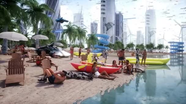 Peoples Robots Futuristic Beach Future Concept Realistic Animation — Stock Video