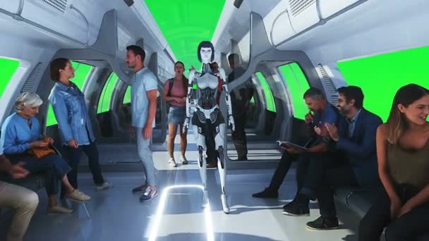 Pessoas Robôs Comboio Passageiros Voador Utopia Conceito Futuro Tela Verde — Vídeo de Stock