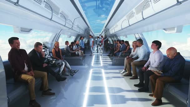 People Robots Flying Passenger Train Clouds Utopia Concept Future Aerial — Stock Video