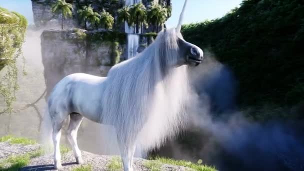 Unicornio Mágico Rocas Voladoras Cuento Hadas Fantasía Animación Realista — Vídeo de stock