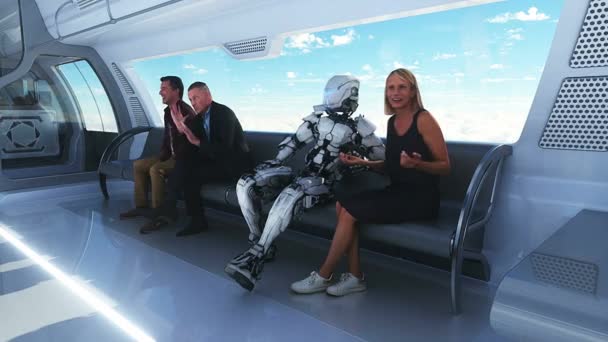 3D人和机器人 乘载乘客乘着云彩火车 乌托邦 未来的概念 空中奇景 现实的4K动画 — 图库视频影像