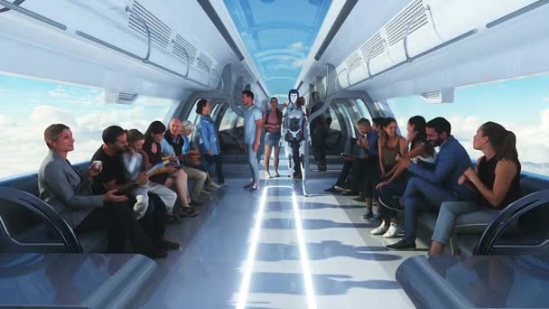 Människor Och Robotar Flygande Passagerare Tåg Moln Utopi Begreppet Framtid — Stockvideo