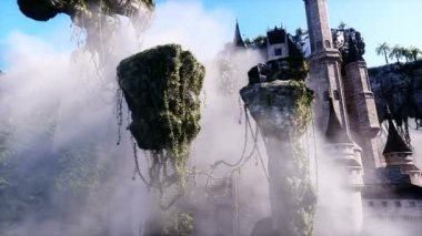 Fantezi peri masalı şatolu uçan kayalar. Gerçekçi 4k animasyonu