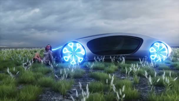 Dziewczyna Futurystyczny Elektryczny Samochód Walley Koncepcja Przyszłości Realistyczna Animacja — Wideo stockowe