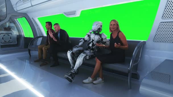 Menschen Und Roboter Fliegender Personenzug Utopie Konzept Der Zukunft Green — Stockvideo