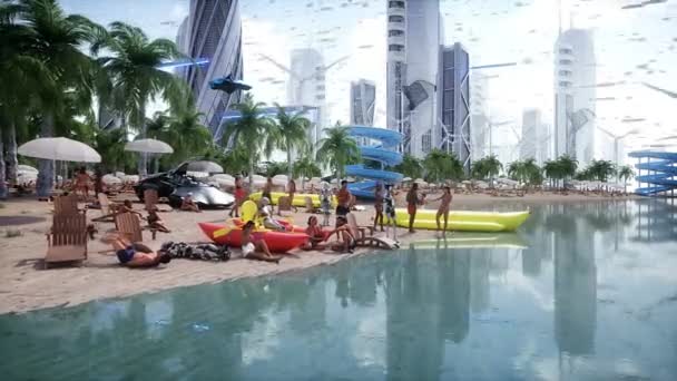 People Robots Futuristic Beach Будущее Концепции Реалистичная Анимация — стоковое видео