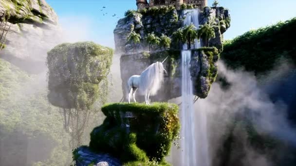 Unicornio Mágico Rocas Voladoras Cuento Hadas Fantasía Animación Realista — Vídeo de stock