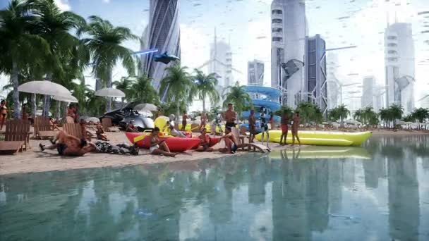 Povos Robôs Praia Futurista Conceito Futuro Animação Realista — Vídeo de Stock