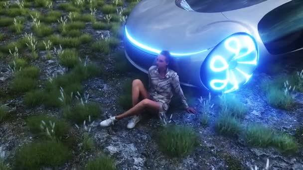 Ragazza Futuristica Auto Elettrica Walley Concetto Futuro Animazione Realistica — Video Stock