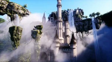 Fantezi peri masalı şatolu uçan kayalar. Gerçekçi 4k animasyonu