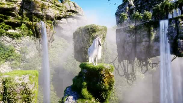 Magiczny Jednorożec Fantastyczna Bajka Latające Skały Realistyczna Animacja — Wideo stockowe
