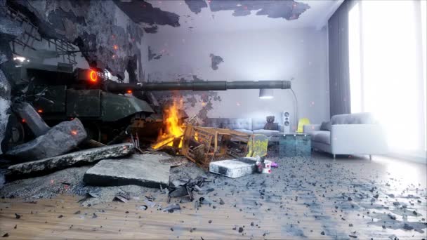 反战概念 军用坦克侵入了房子 现实的4K动画 — 图库视频影像