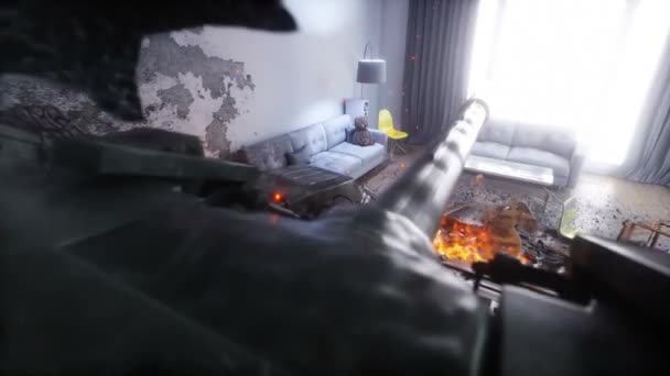 反戦コンセプト 軍用タンクが家に侵入した リアルな4Kアニメーション — ストック動画