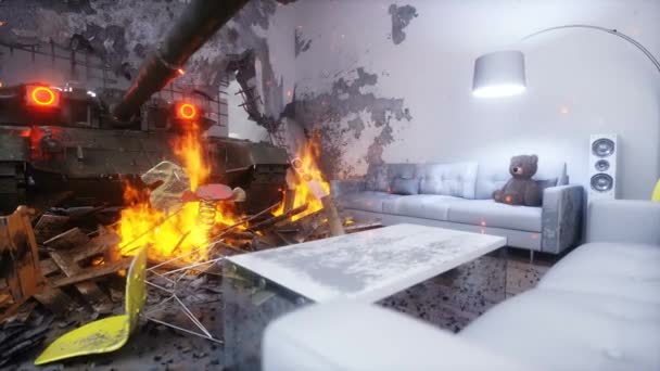 反战概念 军用坦克侵入了房子 现实的4K动画 — 图库视频影像