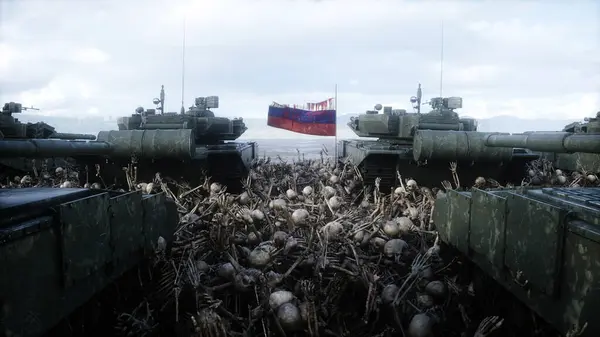 Russian military tanks and skulls. Anti war concept. 3d rendering