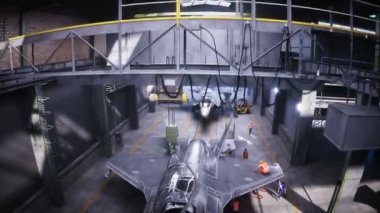 Askeri savaş uçağı F-35 'in fabrikada üretimi. Askeri fabrika silahı. Gerçekçi 4k animasyonu