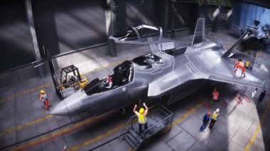 Askeri savaş uçağı F-35 'in fabrikada üretimi. Askeri fabrika silahı. Gerçekçi 4k animasyonu