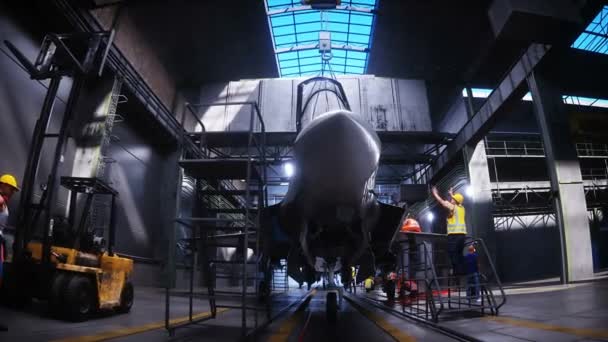 Producción Caza Militar Jet Fábrica Arma Fábrica Militar Animación Realista — Vídeos de Stock